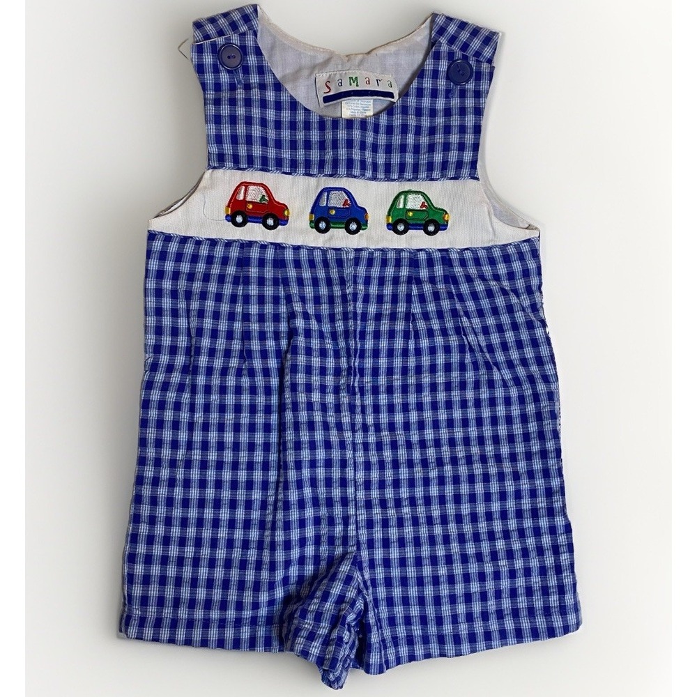 Vtg Samara Baby Romper Size 24 mos Plaid Seersucker Cars Summer Outfit